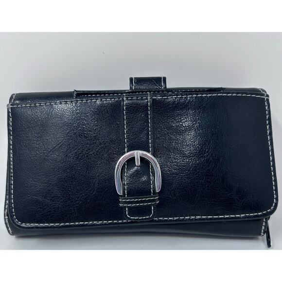 Women's Black Wallet with Silver Buckle‎ Front Lots of Compartments - Picture 1 of 7